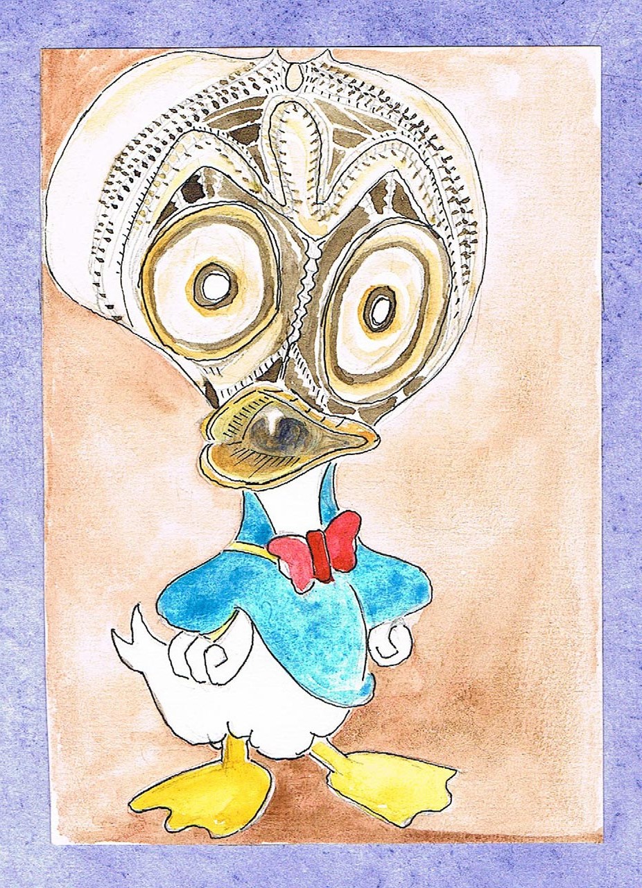 Masque Nouvelle Guinée remixé avec Donald Duck. Encre et feutre, 10 par 15 cm